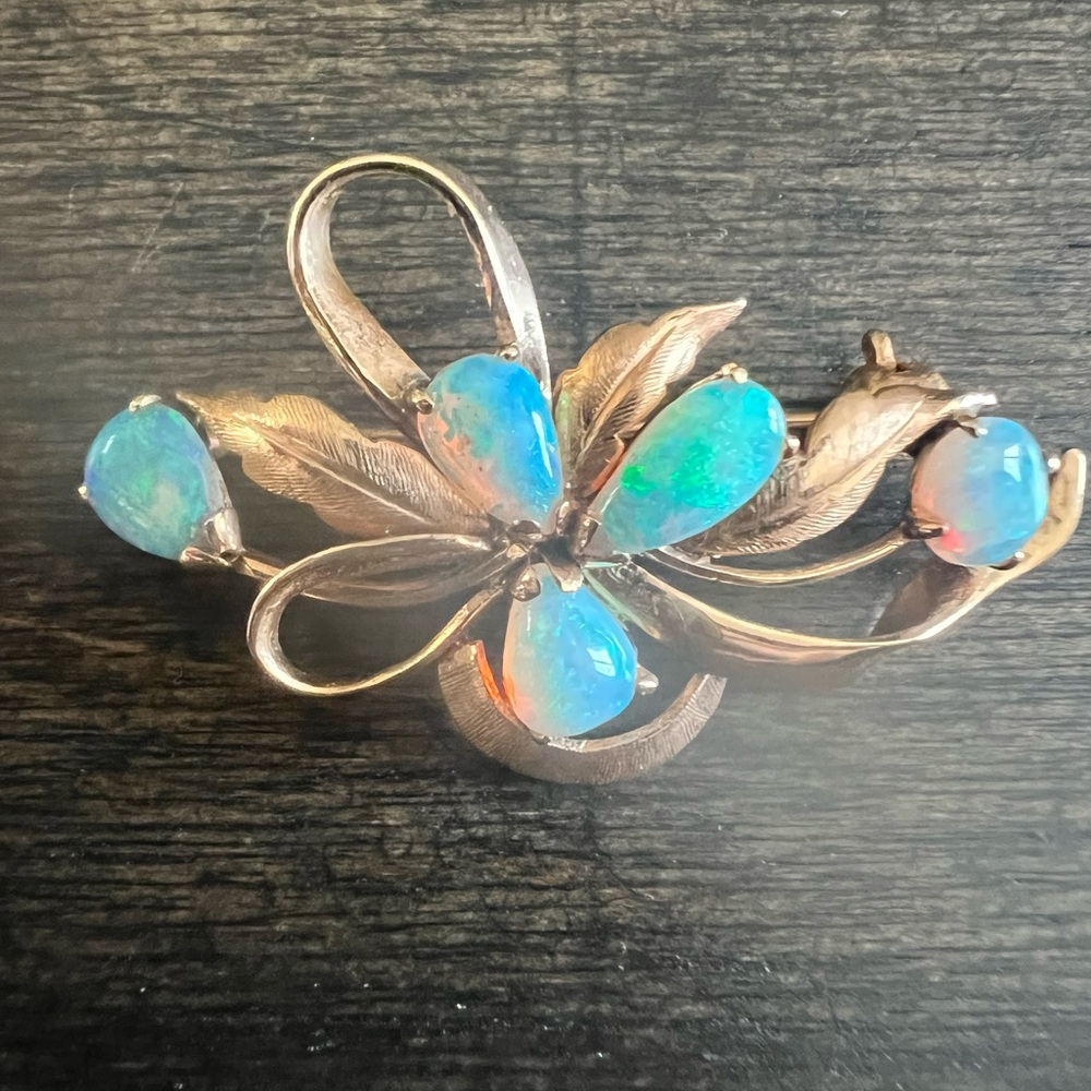 Vintage 14k Yellow Gold Natural Black Opal Brooch